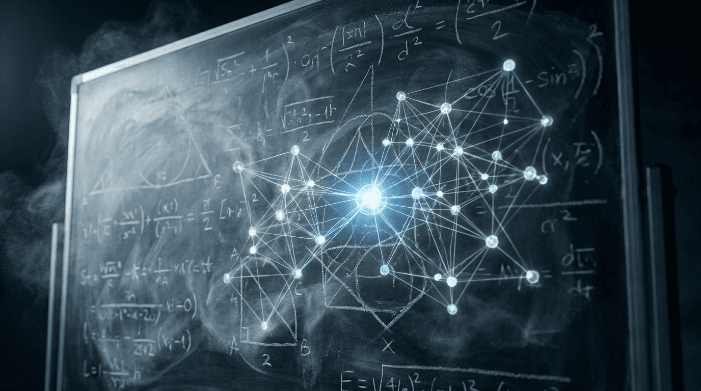 A dark chalkboard dense with mathematical notation, with a glowing blue lattice of interconnected nodes emerging from the equations, illustrating an AI model producing new mathematical proofs.