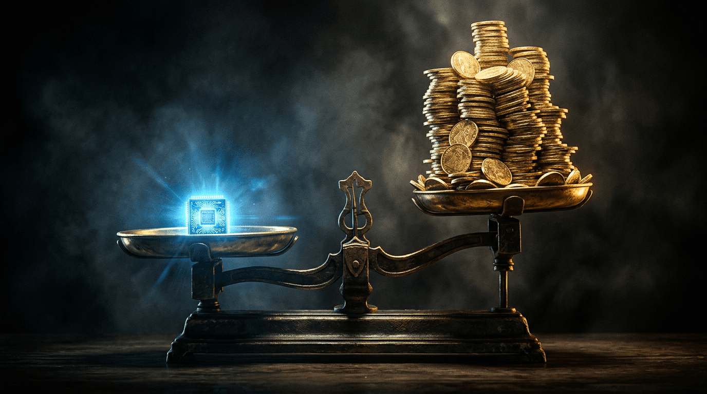 A brass balance scale on a dark background where a single tiny glowing blue microchip outweighs a towering stack of gold coins, illustrating DeepSeek V4-Flash's cost advantage over rival AI models.