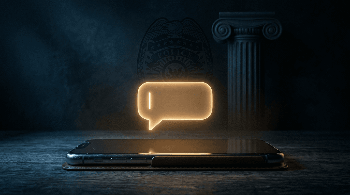 A glowing chat bubble hovering over a smartphone, with the silhouette of a police badge and courthouse column in the shadows behind it.