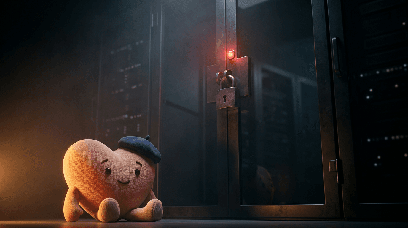 A cute plush heart-shaped creature wearing a beret sits in front of a towering, padlocked dark server door with a red warning light.