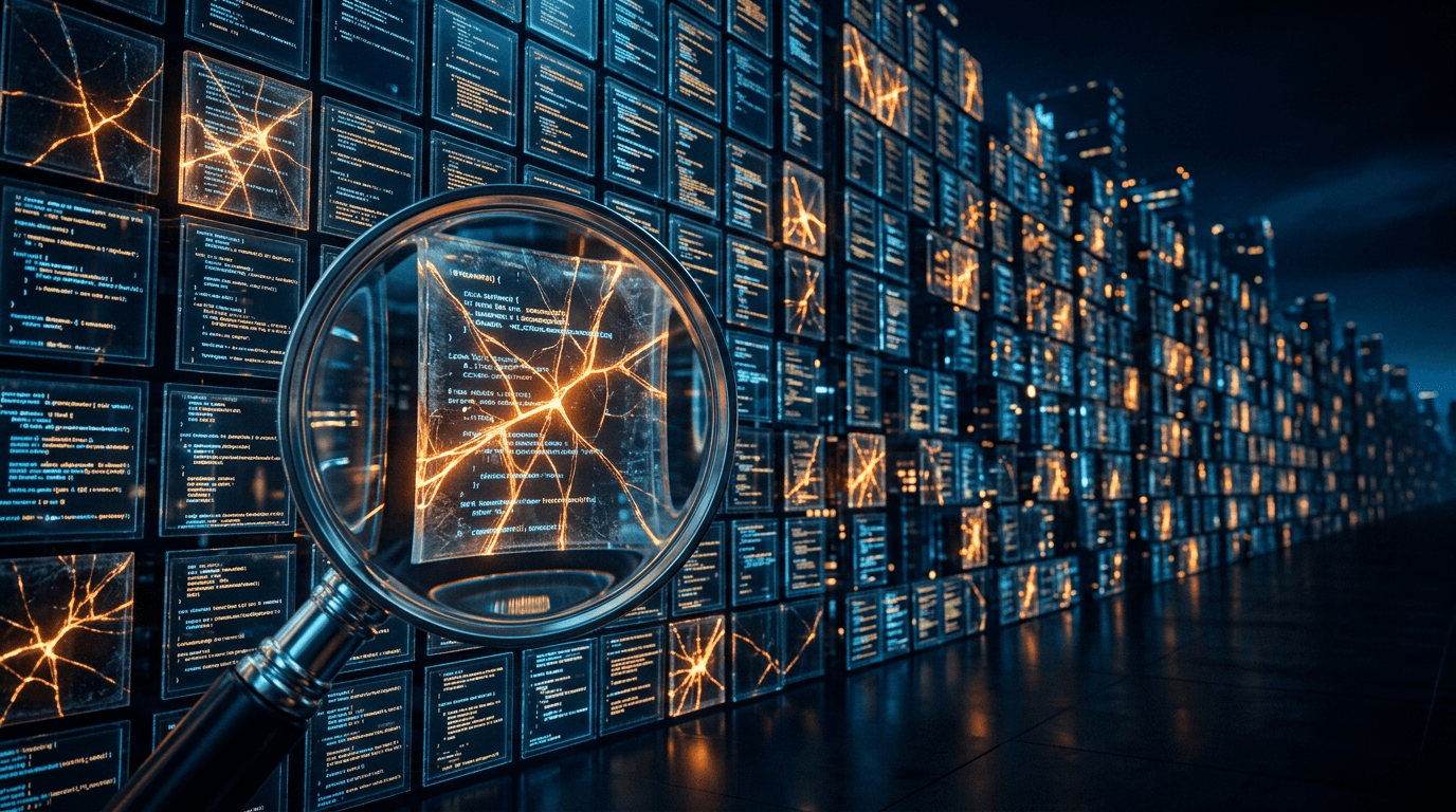 A magnifying glass reveals a glowing orange crack in one panel of a vast wall of glowing code panels stretching into the distance.