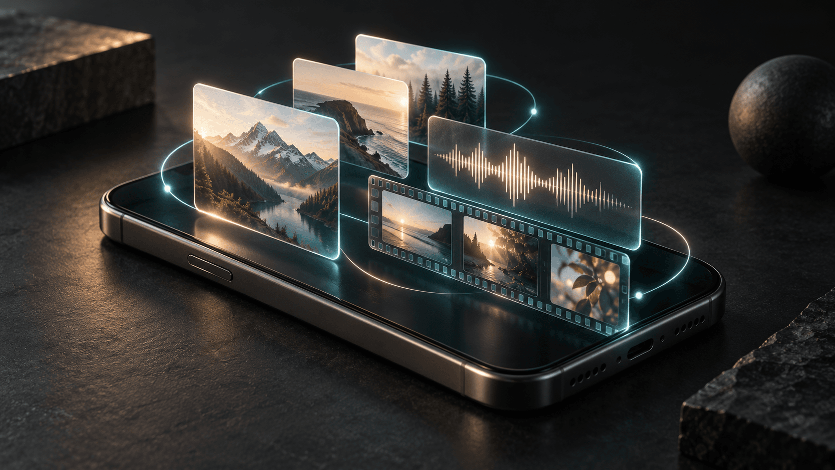 Editorial illustration of a smartphone with floating photo cards, an audio waveform and video frames connected by light.