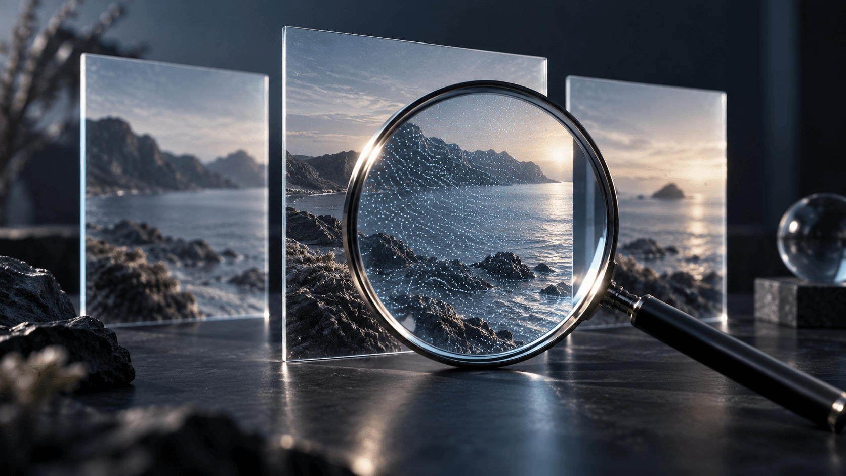 A magnifying lens revealing a glowing dot pattern within a coastal image on glass.