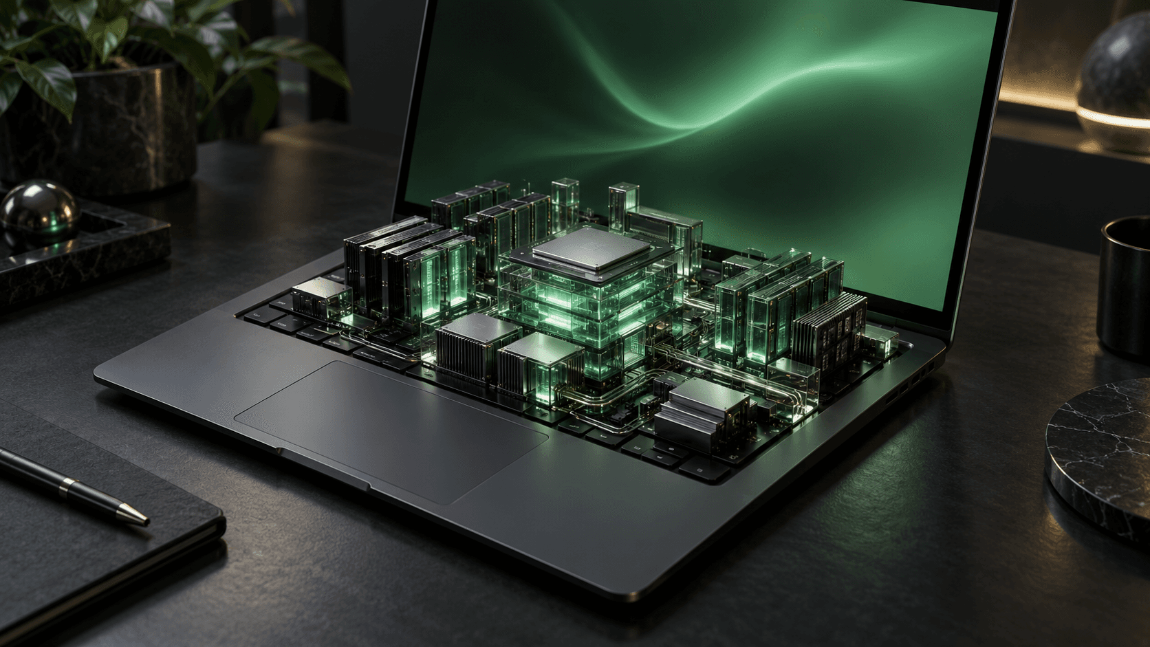 A conceptual laptop with miniature glowing memory modules and silicon rising above its keyboard.