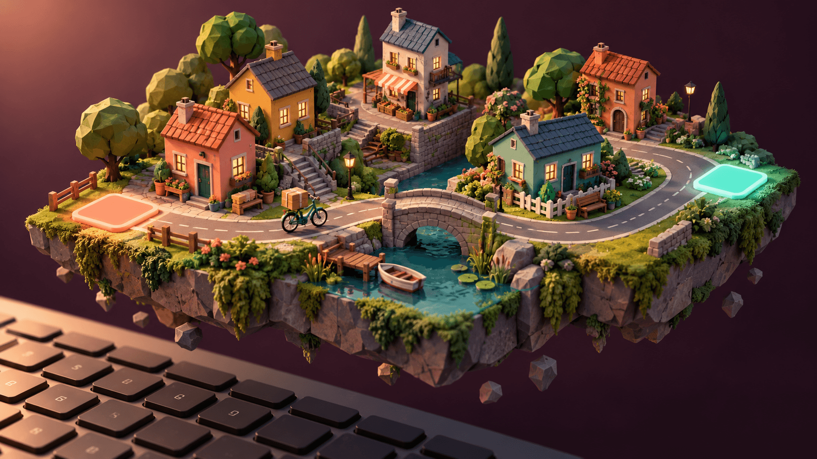 A miniature neighborhood bicycle game with glowing route markers floating above a keyboard.