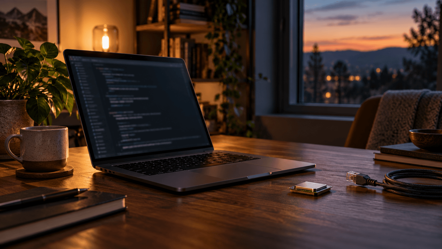 Laptop on a warmly lit desk illustrating a local AI workspace