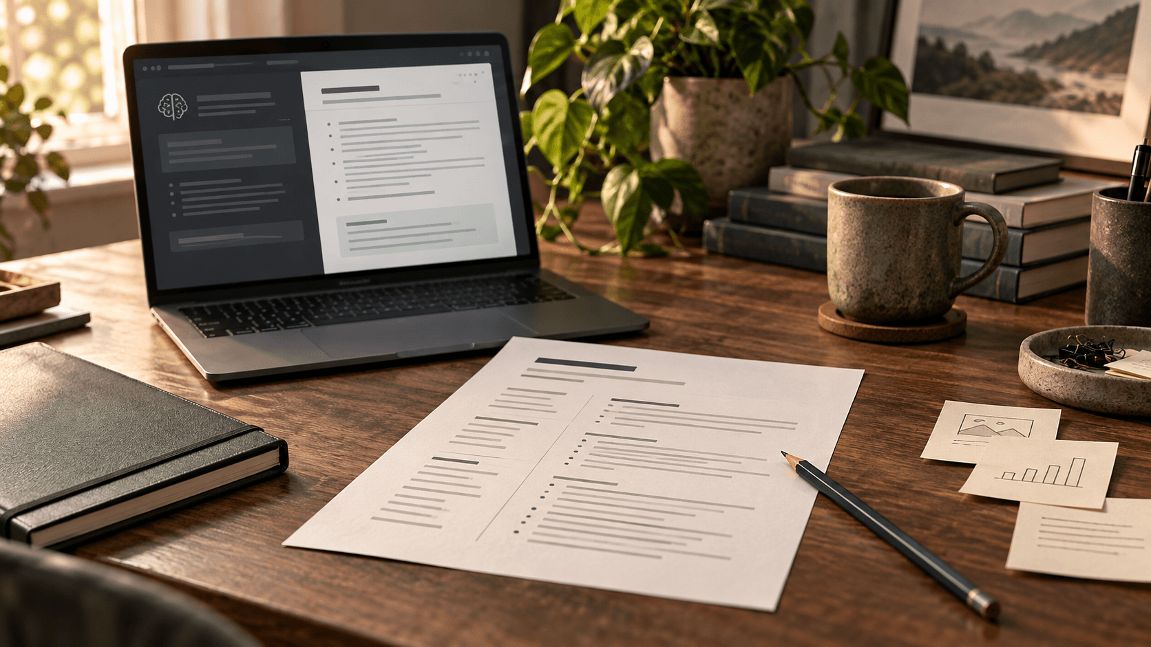 Illustration of a resume, evidence notes and laptop on a desk