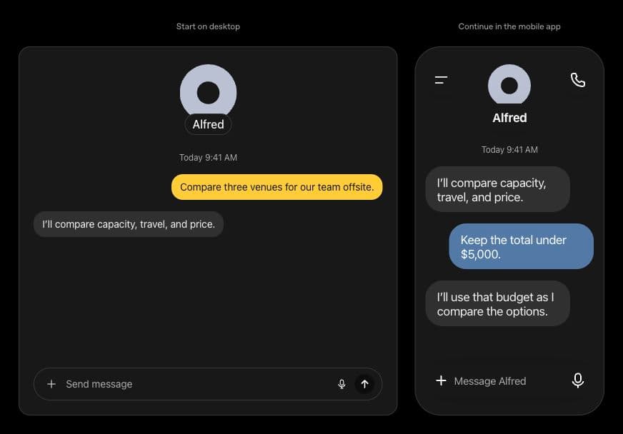 Official OpenAI illustration of a Dot conversation continuing from desktop to mobile