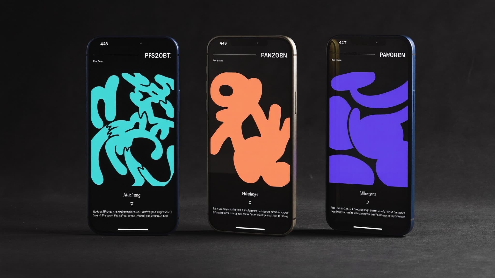 Three smartphones showing abstract AI assistant interfaces in teal, orange, and violet