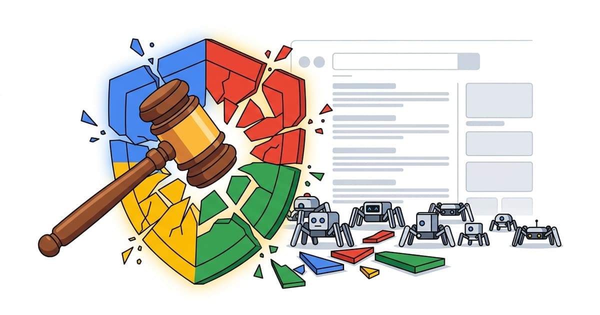 Illustration of a judge's gavel shattering a shield in Google's brand colors while robot crawlers walk free