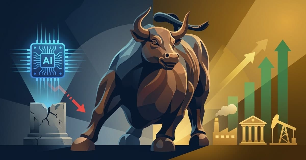 Illustration of the Wall Street bull turning away from a fading AI chip toward rising charts for industrials, banks, and energy stocks