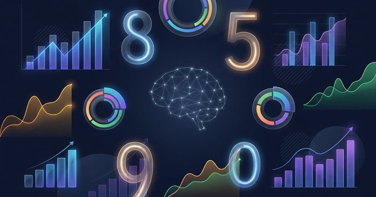 Collage of glowing charts, graphs, and numbers representing key artificial intelligence statistics for 2026