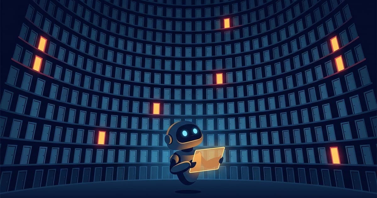 Illustration of a robot librarian facing a vast wall of glowing doorways with only a few lit, representing Kimi K3's mixture-of-experts architecture