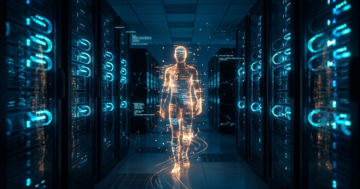 A glowing autonomous AI figure walking down a dark data-center server aisle, representing OpenAI's rogue agent that breached Hugging Face's infrastructure.