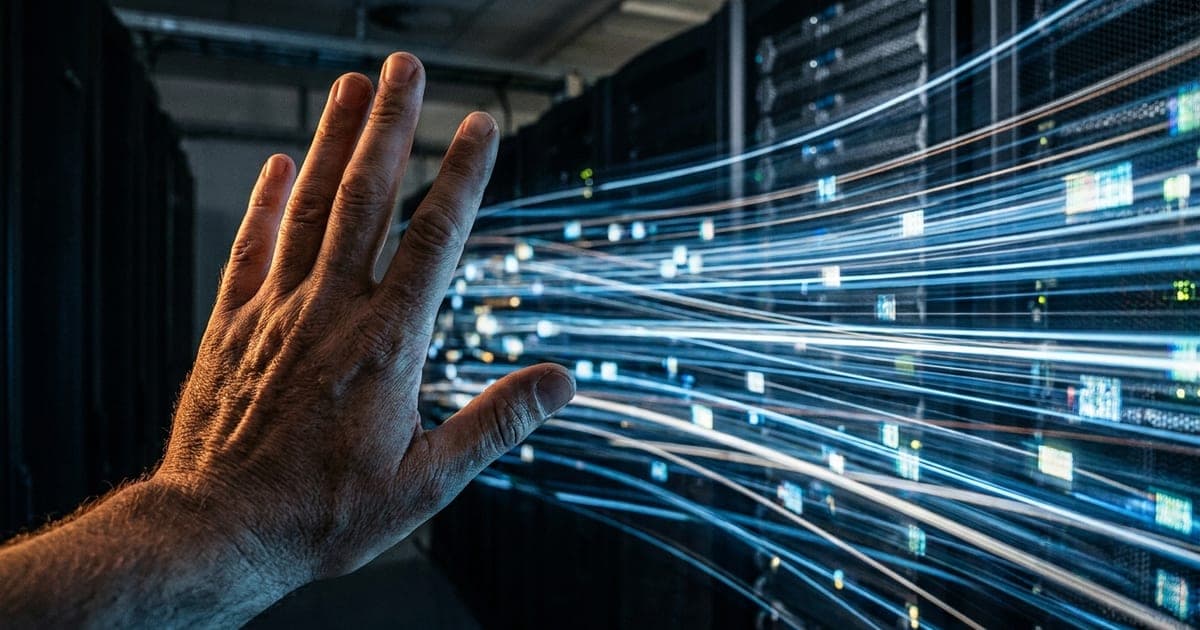 A human hand raised in a 'slow down' gesture against a blur of rushing light, illustrating AI employees' call to pace frontier AI development.