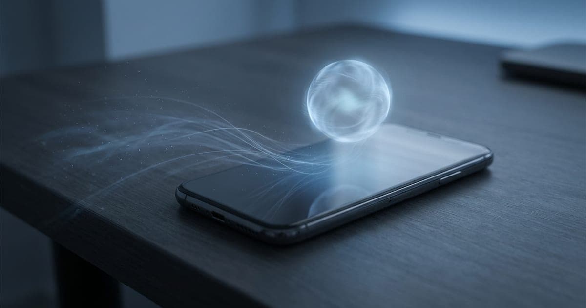 A glowing smartphone drawing in streams of light with a faint AI orb above it, illustrating iOS 26.6 quietly indexing the iPhone to prepare for an AI-powered Siri.