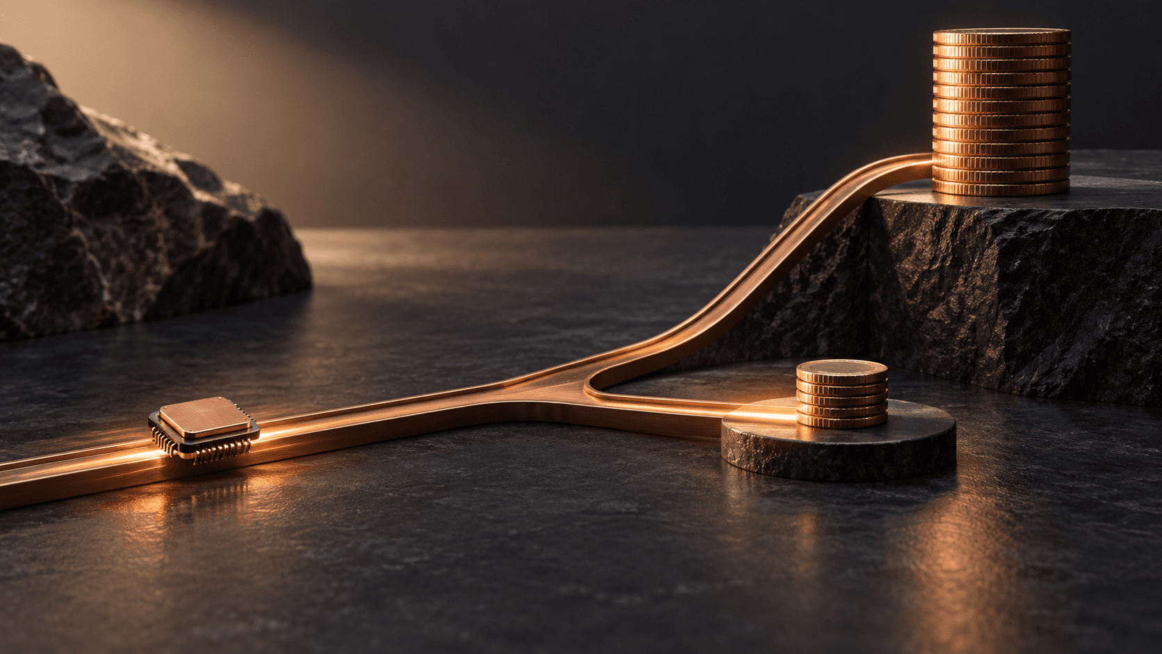 A copper microchip on a branching track leading to different-sized stacks of coins.