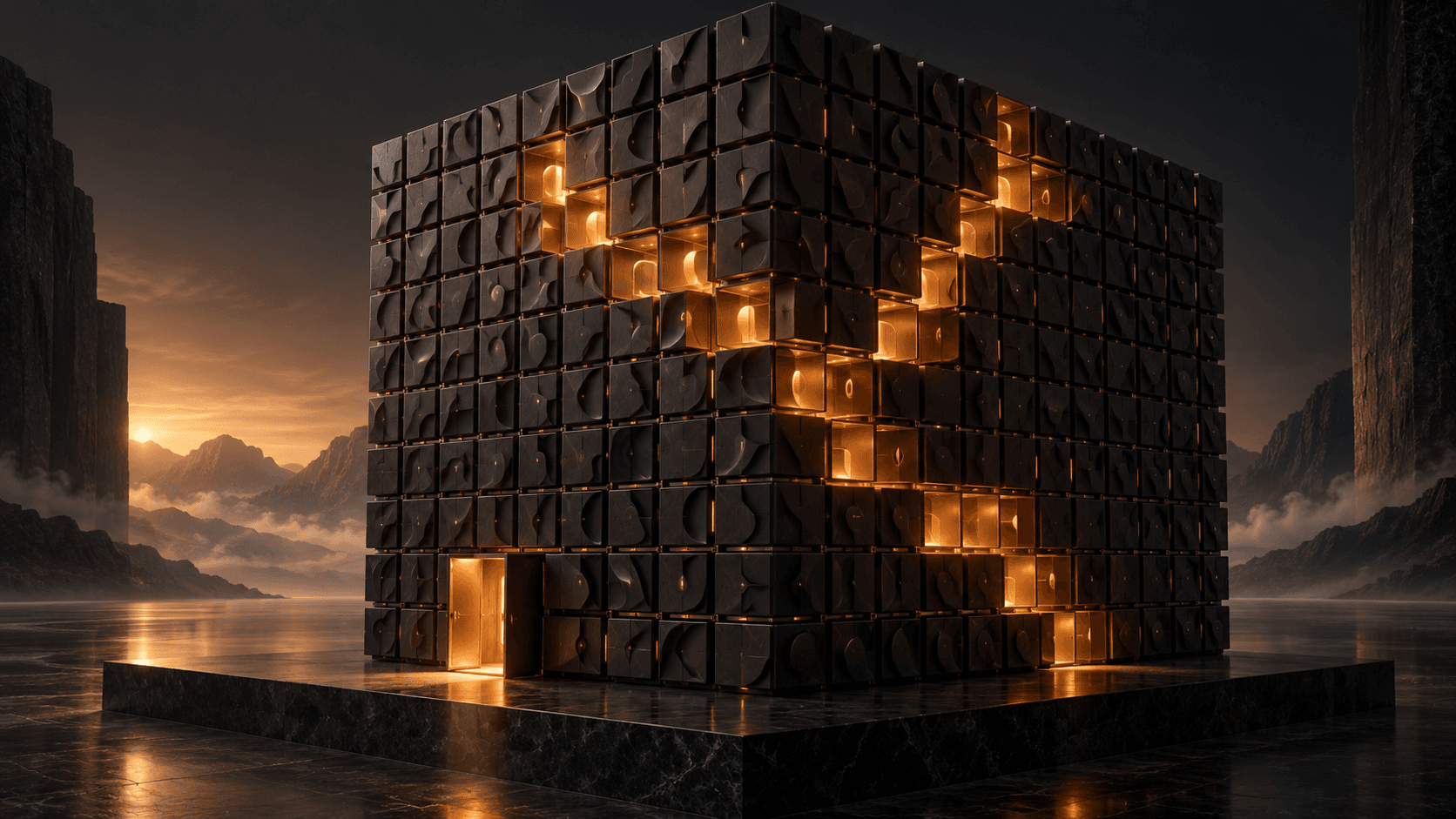 A large dark modular cube with a branching amber path illuminating a small subset of its blocks.