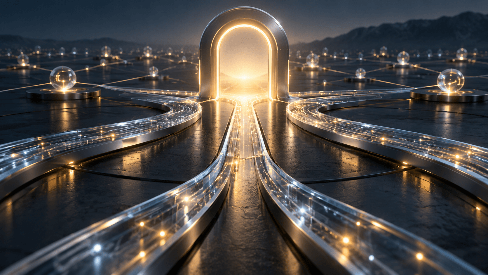 Concept illustration of network pathways converging on a glowing gateway
