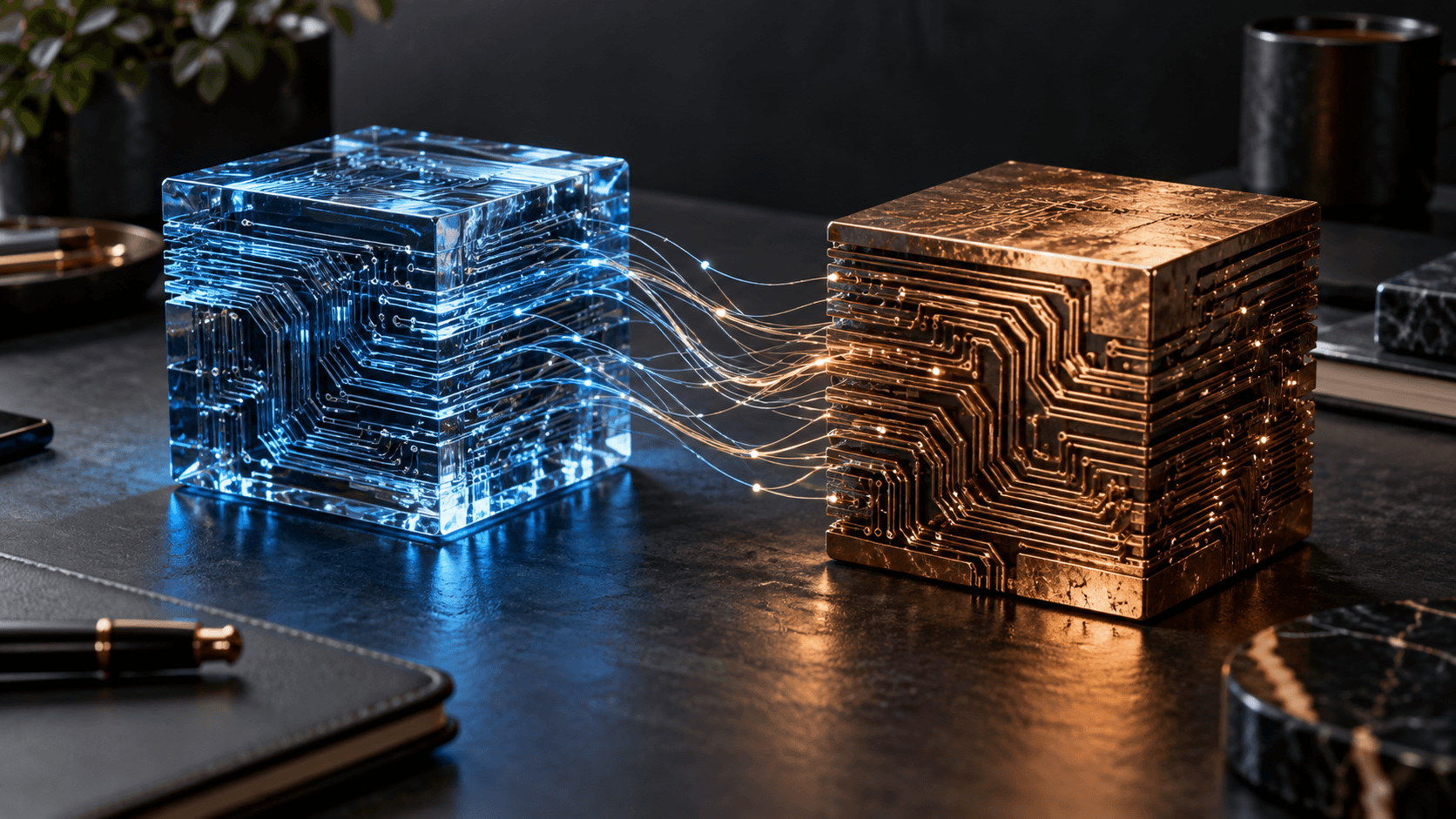 Blue glass and copper circuit blocks connected by fine luminous threads