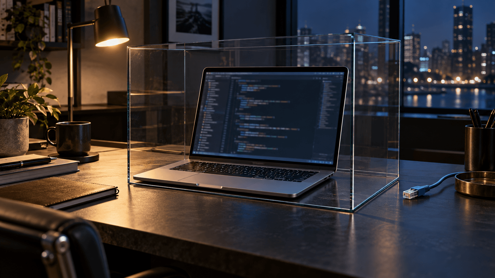 Illustrated laptop inside a clear glass enclosure with a network cable outside