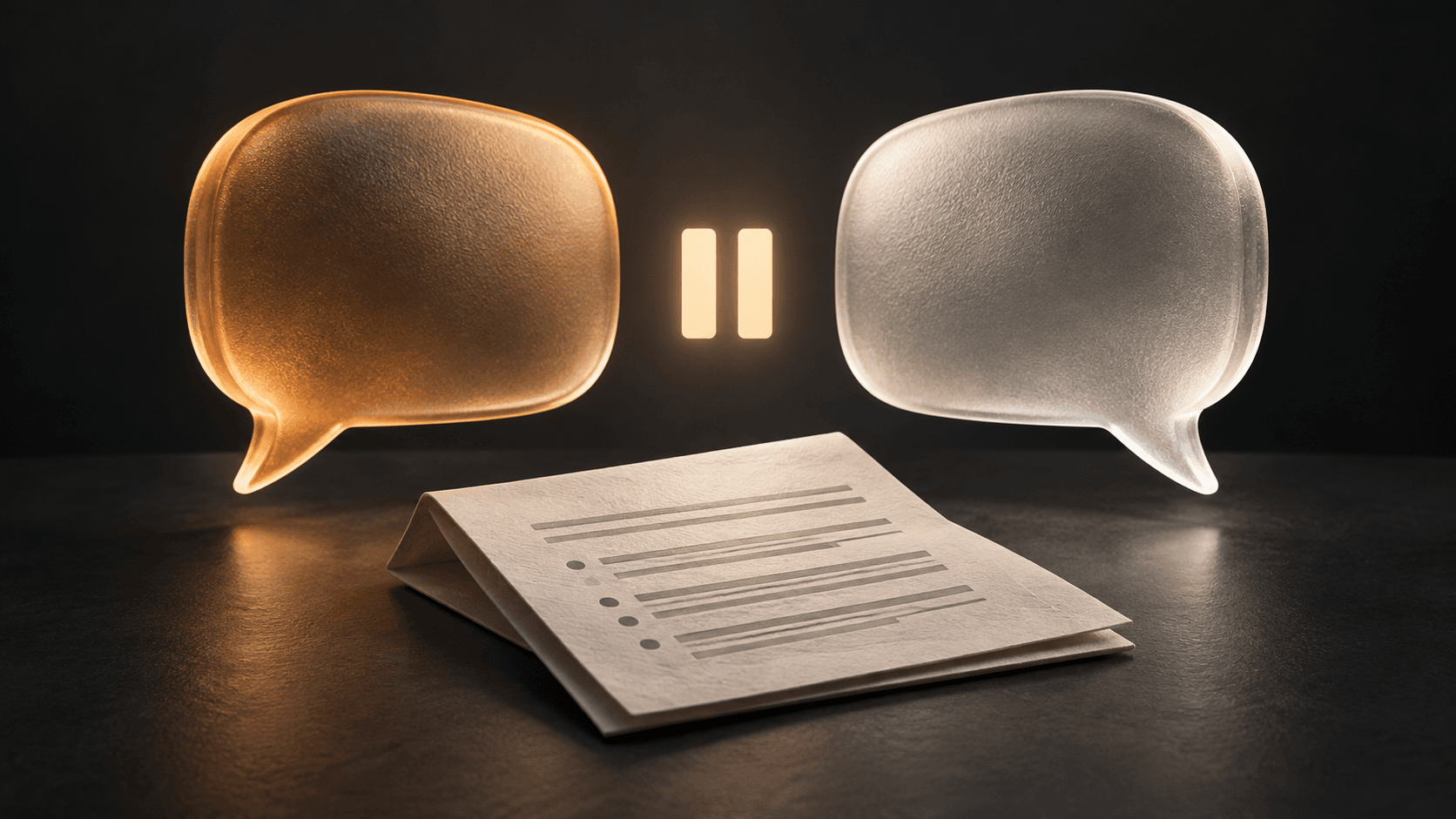 Amber and ivory glass speech bubbles separated by a pause symbol above a paper document.
