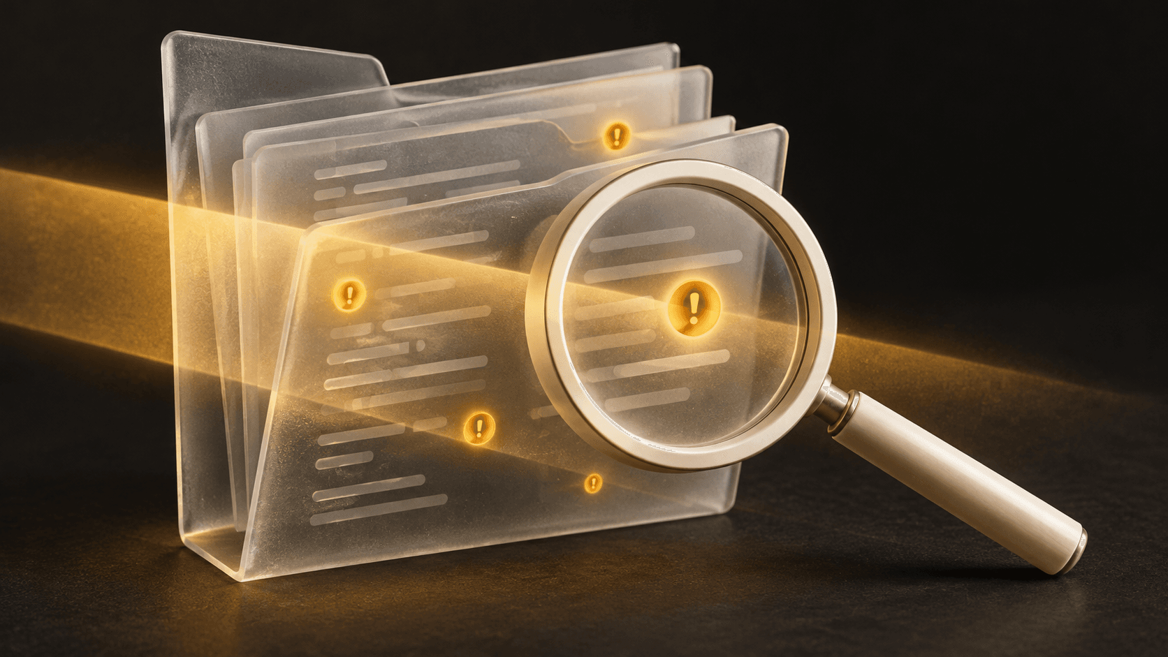 A magnifying glass examines amber flaw markers on translucent code folders under a scanning beam.