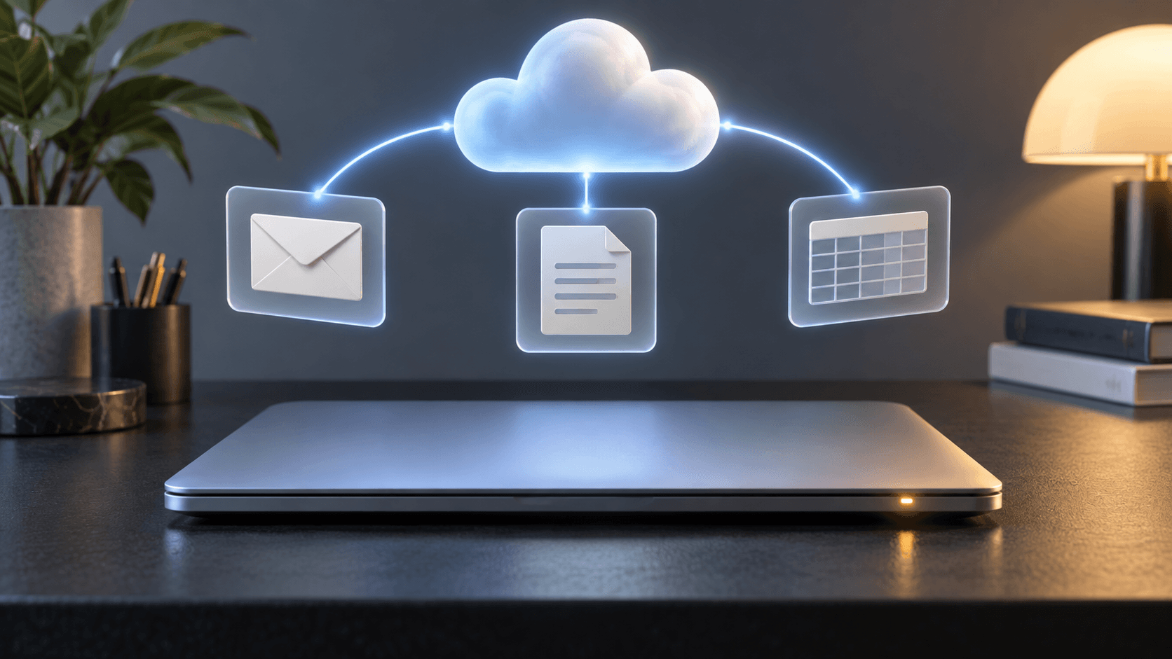 A closed laptop below floating email, document, and spreadsheet panels connected to a glowing cloud.