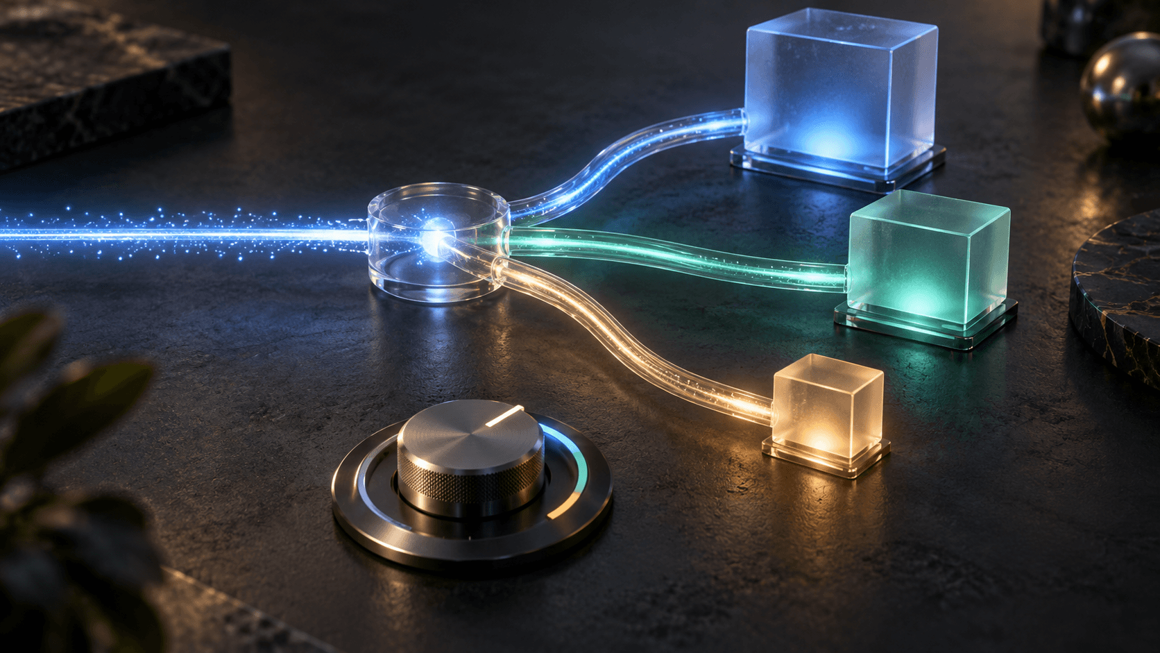 A luminous path branches toward three glass gateways beside a selector dial.