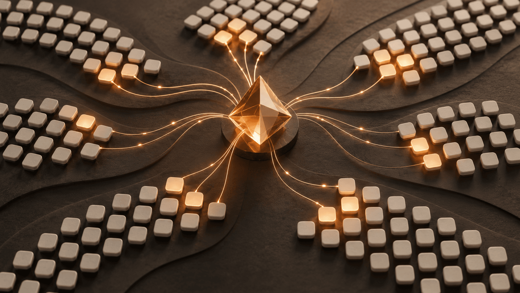 An amber glass prism connects to clusters of small tiles, with some glowing and others waiting.