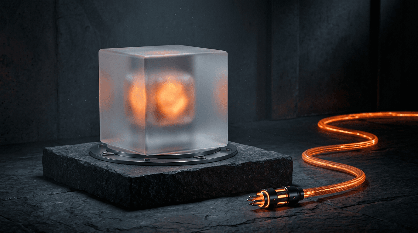 A glowing glass cube sealed on a dark plinth with an unplugged fibre-optic cable lying short of it.