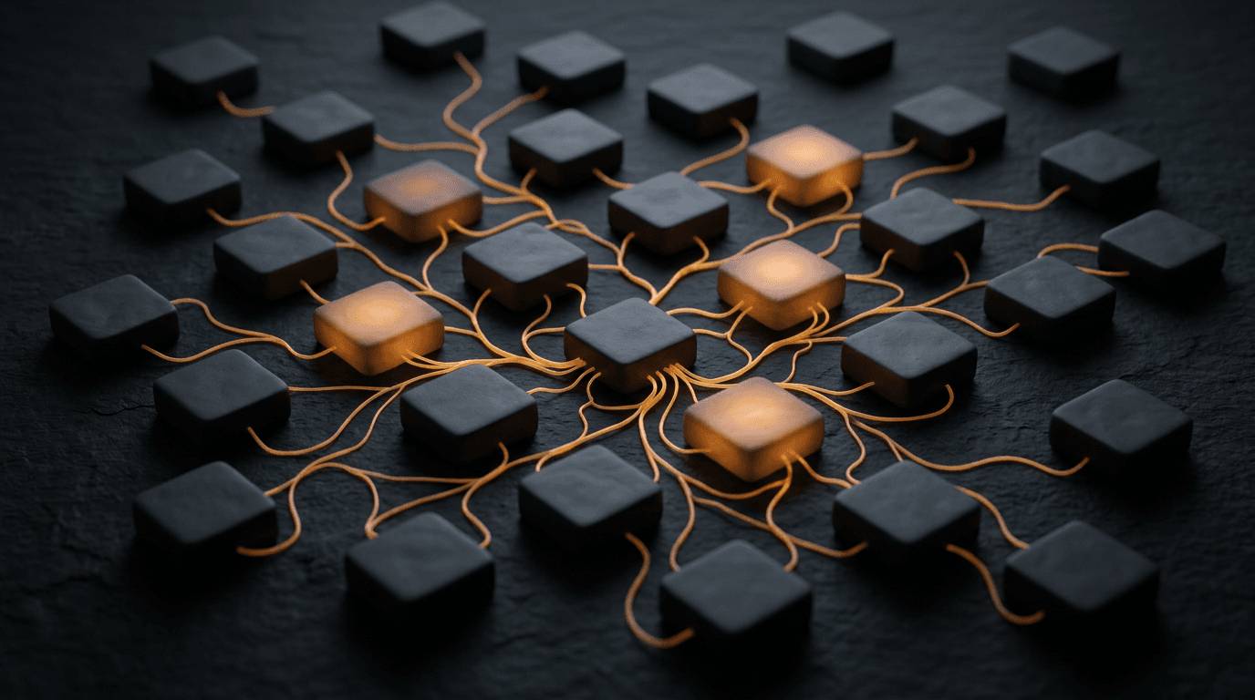 A cluster of small, plain set-top boxes linked by glowing amber threads that branch outward across a dark slate surface, suggesting something spreading device to device