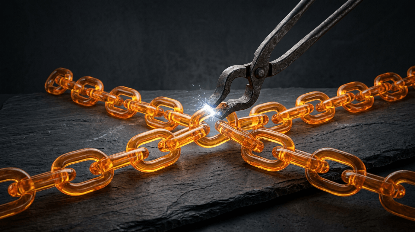 Two crossing chains of glowing amber glass links on a dark slate surface, with metal tongs gripping one link and a small spark where they touch.
