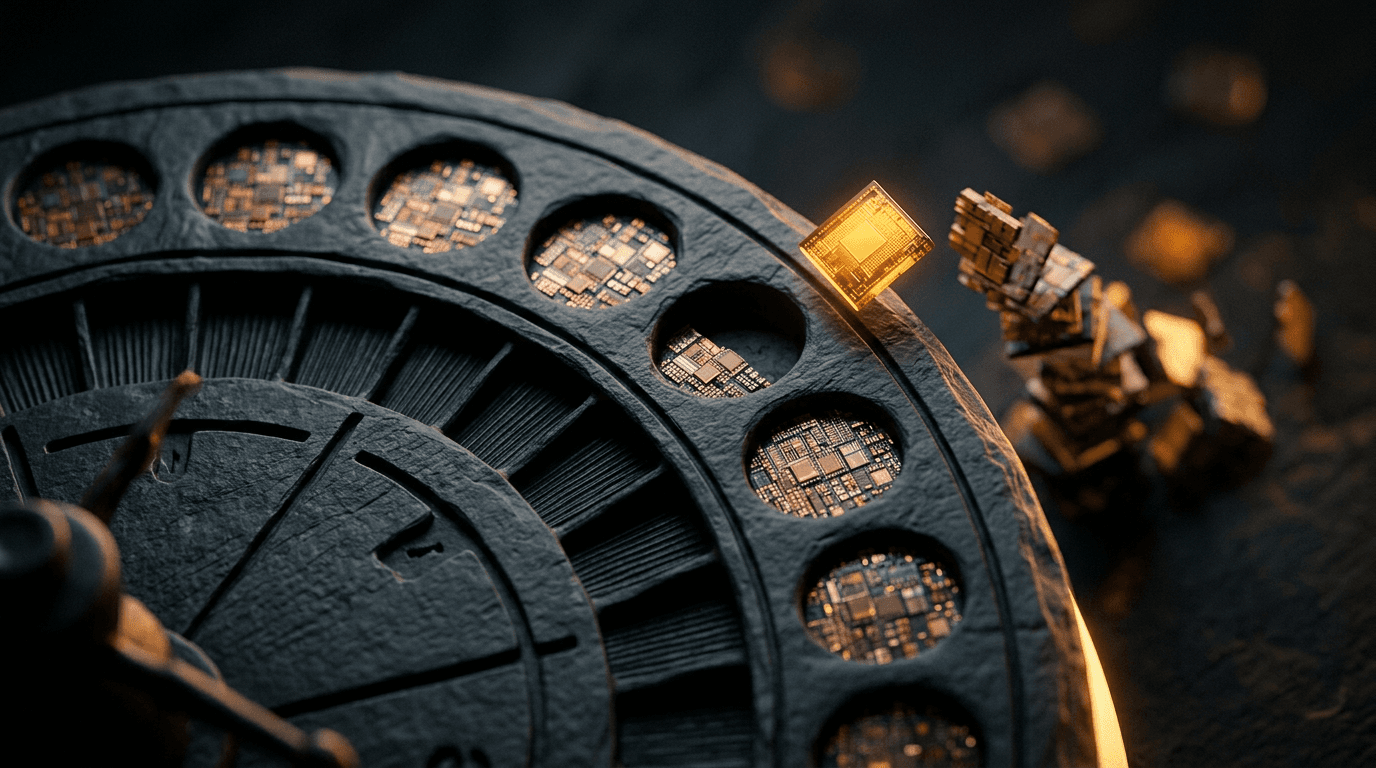 Conceptual illustration of a dark roulette-style wheel filled with small silicon chip tiles, one amber-lit tile tipping over the rim