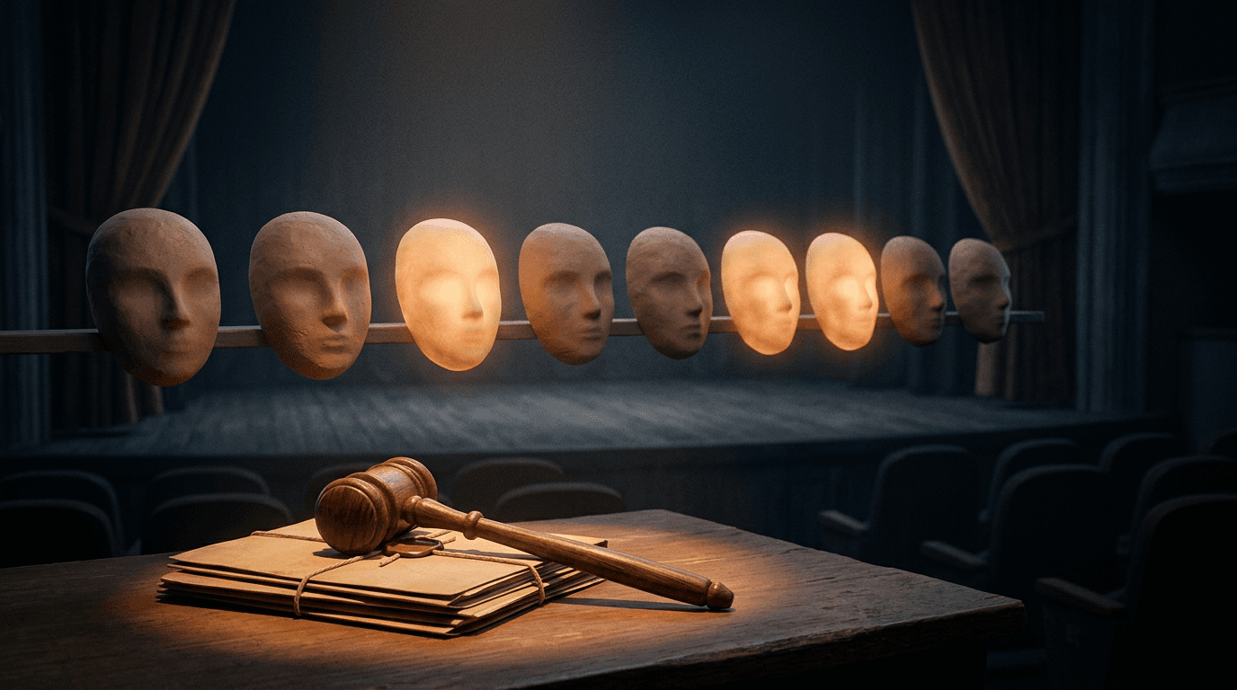 A row of empty theatrical character masks on a dim stage, with an auction gavel resting beside them under a single warm spotlight