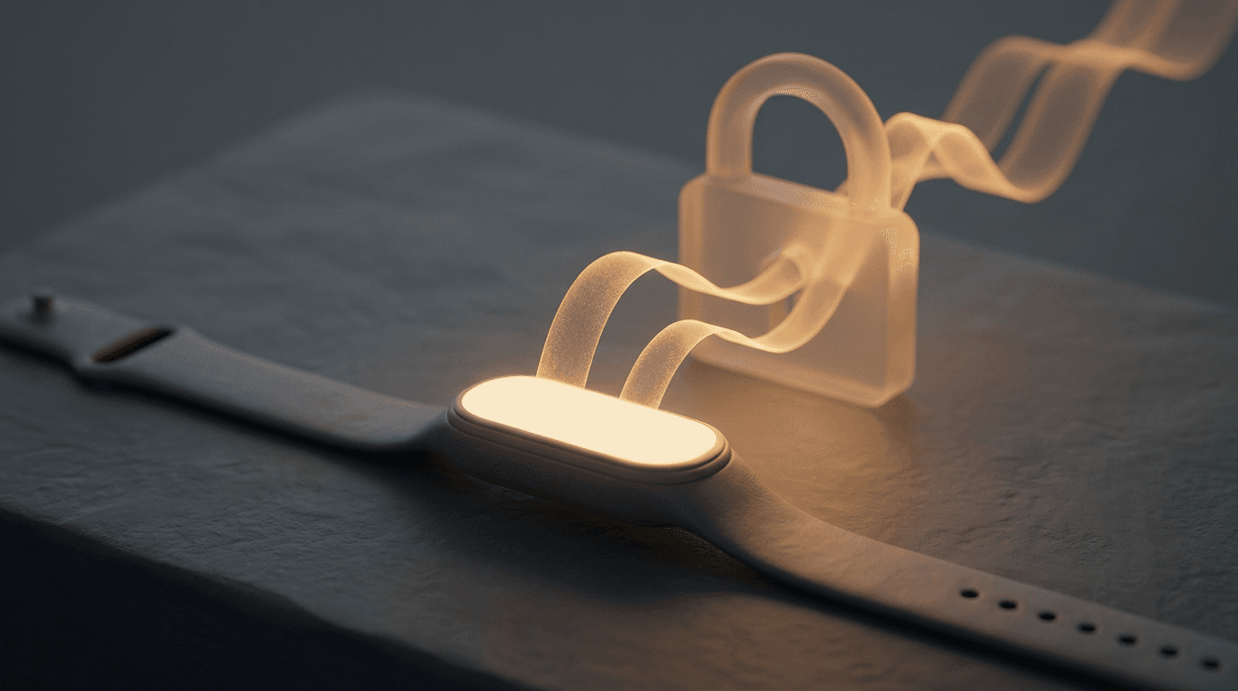 A slim oval fitness tracker resting on a dark slate surface, with soft amber pulse-like light waves rising from it and a faint translucent padlock shape behind them.