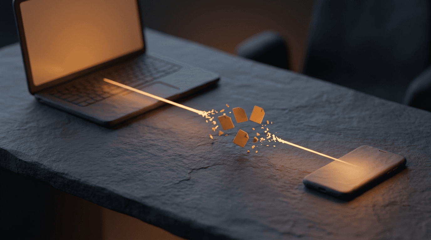 An open laptop and a smartphone on a dark desk, joined by a broken, flickering line of amber light that fails to bridge the gap between them.