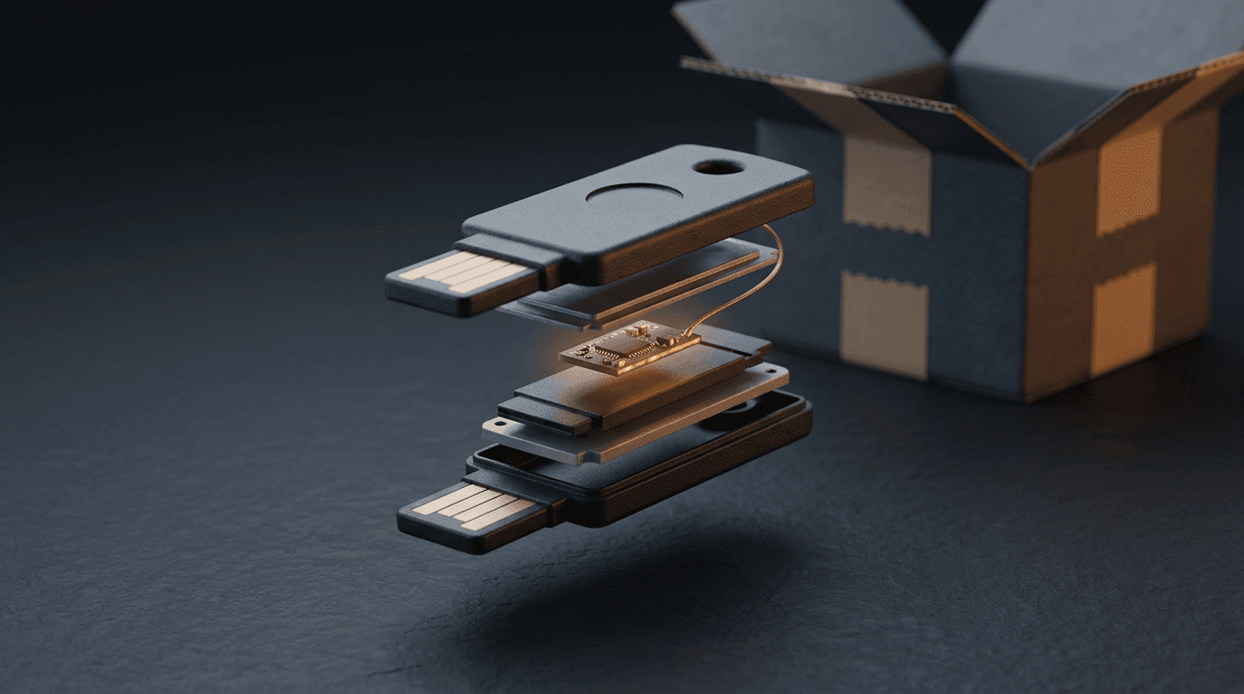 An exploded view of a generic USB-style security key with a tiny extra circuit board hidden between its layers, an opened shipping box behind it.