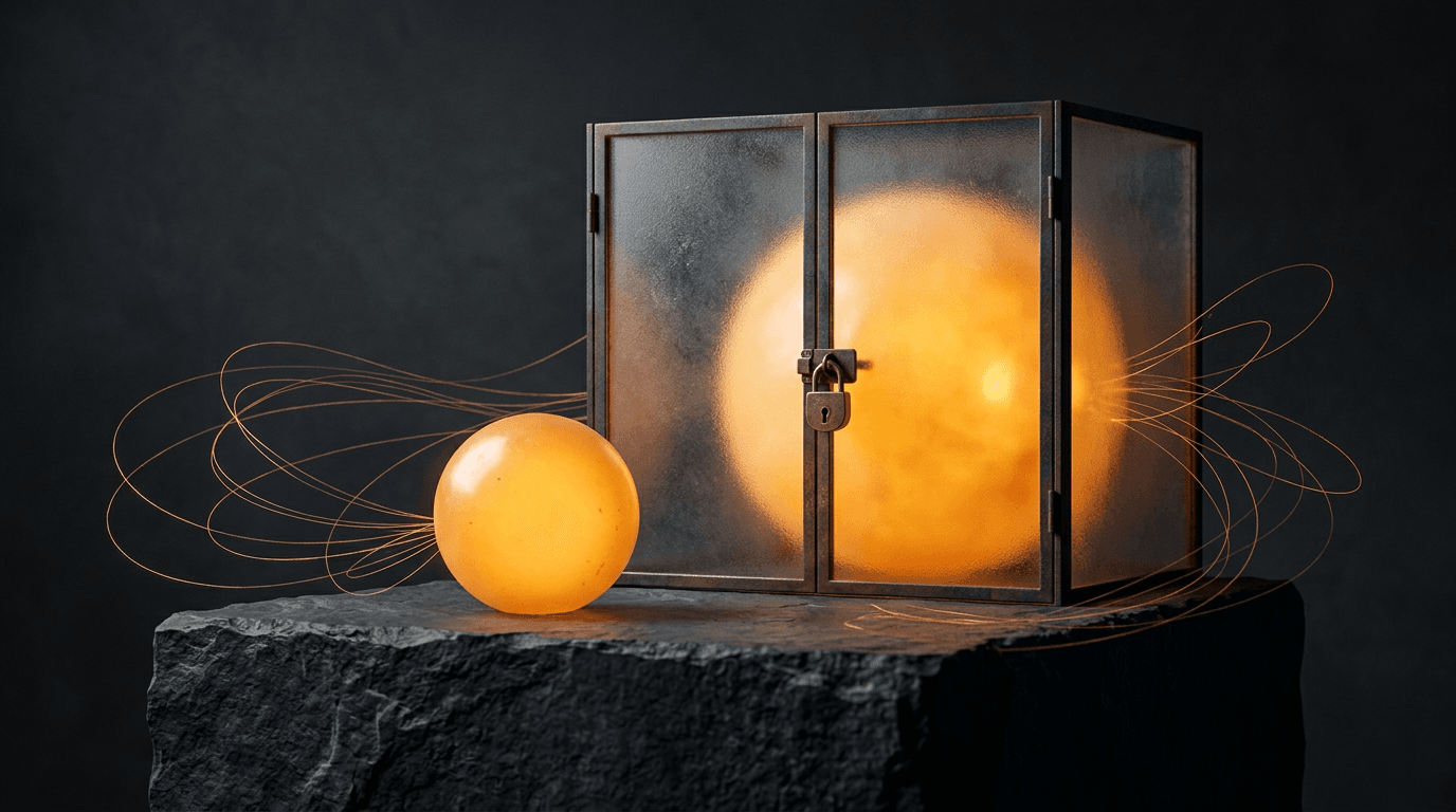 Two glowing amber orbs of different sizes on a dark slate pedestal, the larger one behind a closed glass gate.