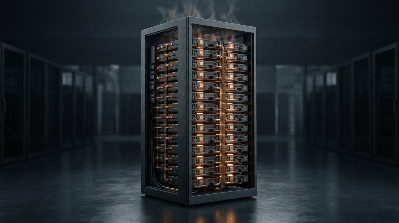 A tall dark server rack filled with rows of identical glowing chip trays, cooled by amber-lit liquid pipes, receding into a dim slate data hall
