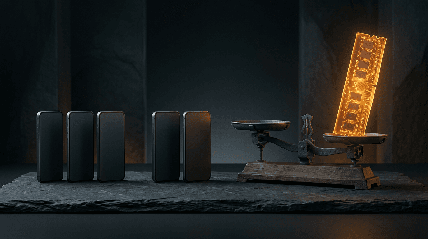 Conceptual illustration of a thinned-out row of blank smartphones beside a glowing amber memory module on a balance scale