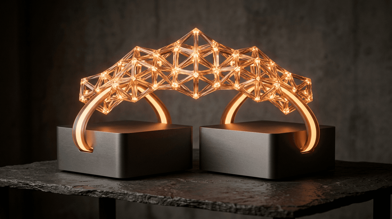 Two plain aluminium desktop computer boxes side by side on a dark desk, joined by glowing amber light holding a large crystalline lattice between them.