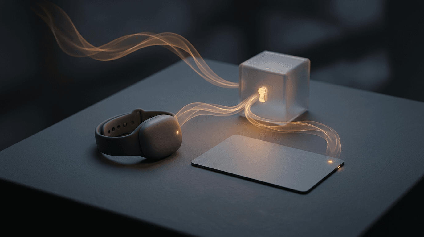 A small glowing wristband module and a thin card-shaped device on a dark slate surface, with soft amber sound waves fading into a sealed glass box