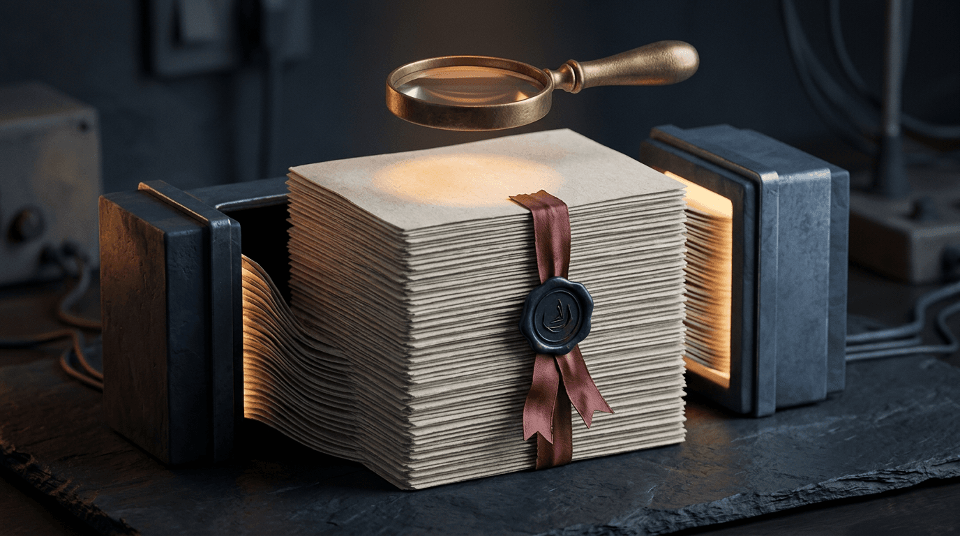 A thick stack of sealed legal documents resting beside two glowing server blocks on a dark desk, with a brass magnifying glass hovering over the pages.
