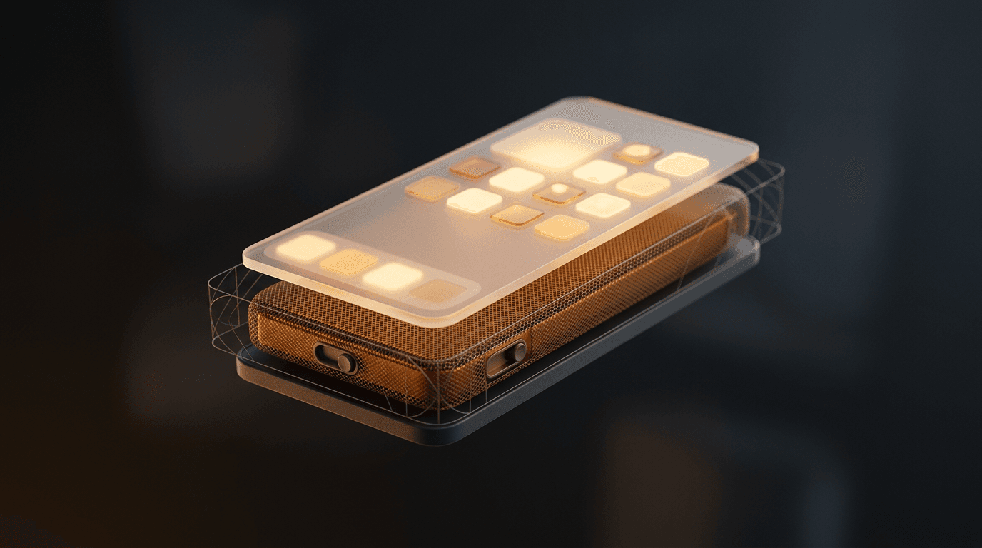 A floating phone-shaped device split into two layers: a glowing upper layer of app tiles and a lower core wrapped in amber mesh inside a wireframe shield.