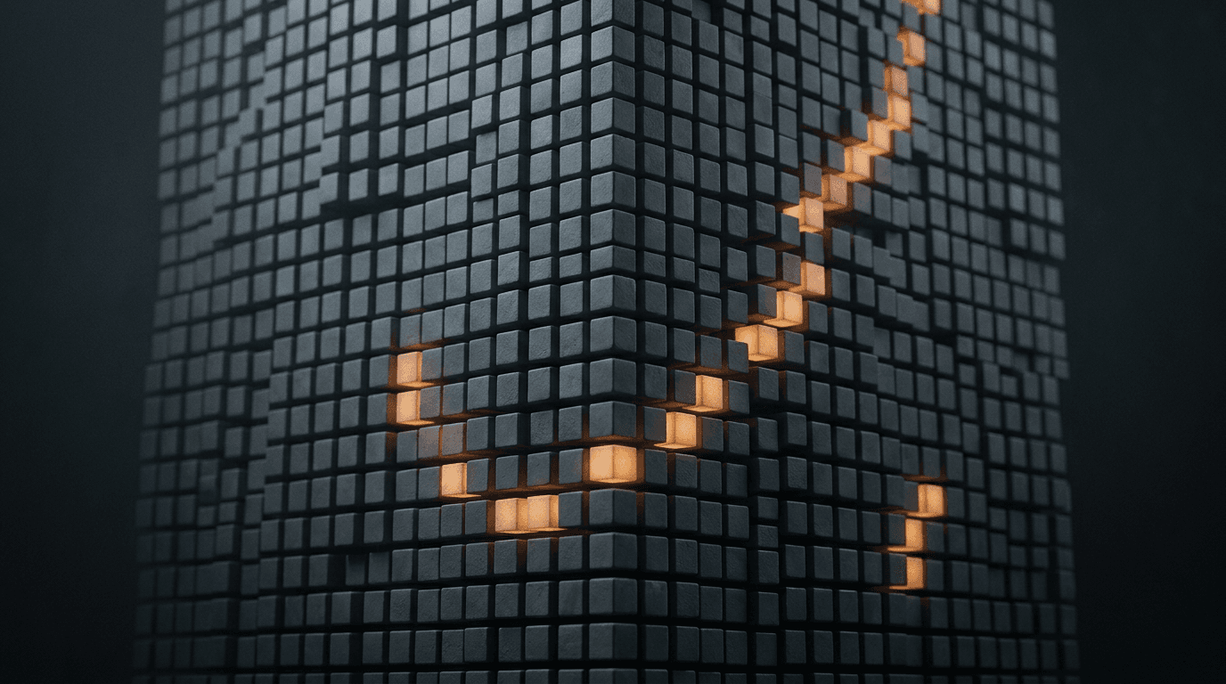 A vast dark lattice of thousands of small dormant cubes with only a thin scattered trail of glowing amber cubes lit, suggesting a huge sparse model where few parts activate at once