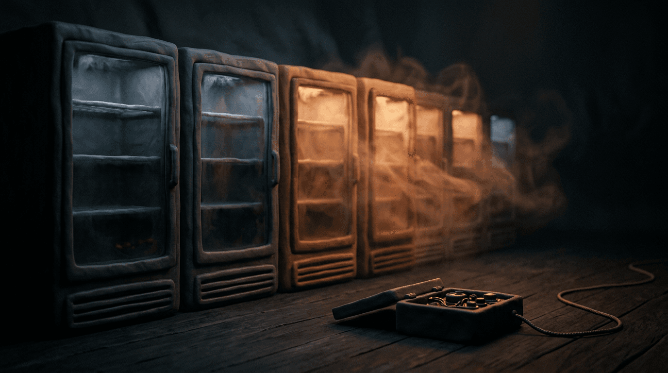 A row of refrigeration cases warming from cold blue to glowing amber with wisps of vapour, and a small open control box with a cable trailing into the dark.
